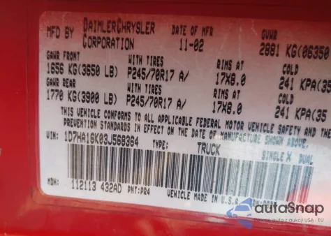 2003 Dodge Ram 1500 St from USA, damaged, VIN 1D7HA16K03J568364